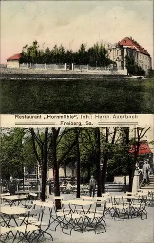 Ak Freiberg in Sachsen, Restaurant Hornmühle, Außenansicht, Terrassenpartie