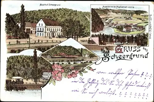 Litho Scheergrund Leisnig in Sachsen, Gasthof, Aussicht von der Maylust