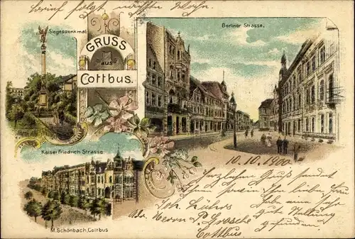 Litho Cottbus in der Niederlausitz, Berliner Straße, Siegesdenkmal, Kaiser Friedrich Straße