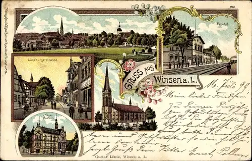 Litho Winsen an der Luhe, Lüneburger Straße, Kirche, Rathaus, Bahnhof, Panorama