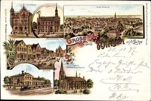 Litho Winsen an der Luhe, Apotheke, Rathaus, Marktstraße, Bahnhof, Kirche, Totale