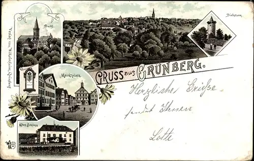 Litho Grünberg in Hessen, Burg, Marktplatz, Diebsturm, Altes Schloss