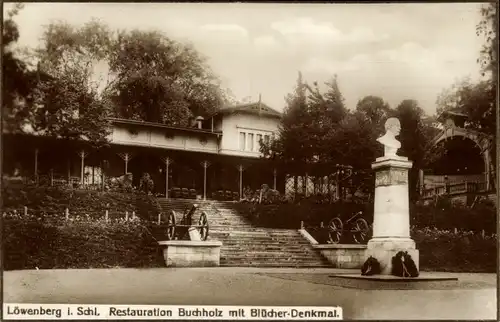 Ak Lwówek Śląski Löwenberg Schlesien, Restauration Buchholz, Blücherdenkmal