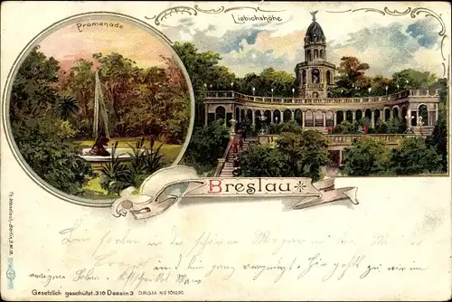 Litho Wrocław Breslau Schlesien, Promenade, Liebichshöhe