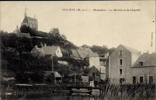 Ak Seiches Maine et Loire, Matheflon, Le Moulin et la Chapelle