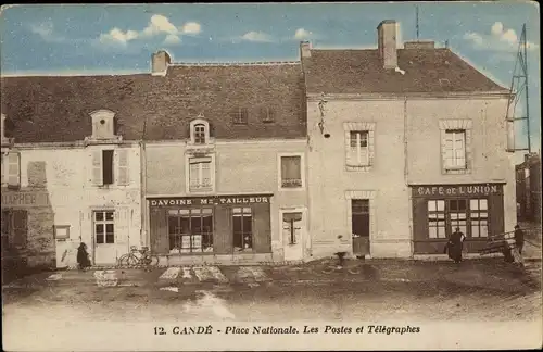 Ak Candé Maine et Loire, Place Nationale, Les Postes et Telegraphes, Cafe de l'Union, Tailleur