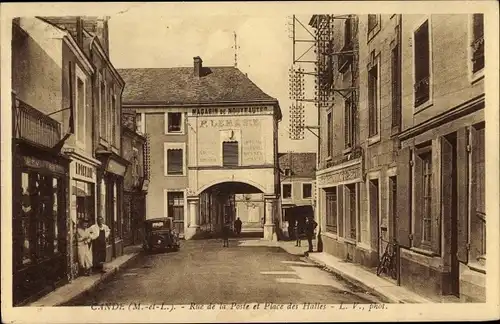 Ak Candé Maine et Loire, Rue de la Poste, Place des Halles, Magasin de Nouveautés