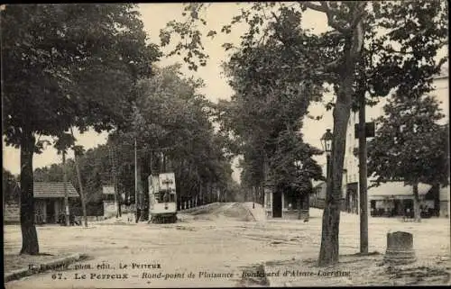 Ak Le Perreux sur Marne Val de Marne, Rond point de Plaisance, Boulevard d'Alsace Lorraine, tramway
