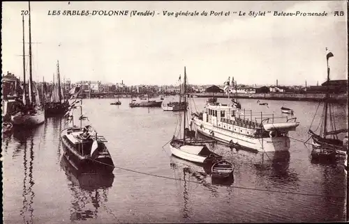 Ak Les Sables d'Olonne Vendée, Vue générale du Port et Le Stylet Bateau Promenade