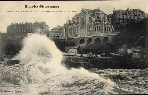 Ak Biarritz Pyrénées Atlantiques, Tempéte du 2. Februar 1904, Église St. Eugénie