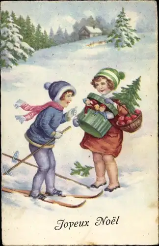 Ak Glückwunsch Weihnachten, Junge auf Skiern, Mädchen mit Tannenbaum, Puppen