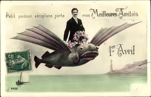 Ak 1 April, Mann auf einem fliegenden Fisch, poisson aeroplane