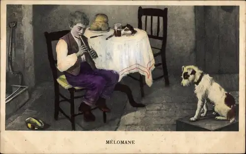 Künstler Ak Melomane, Junge spielt Flöte, Hund