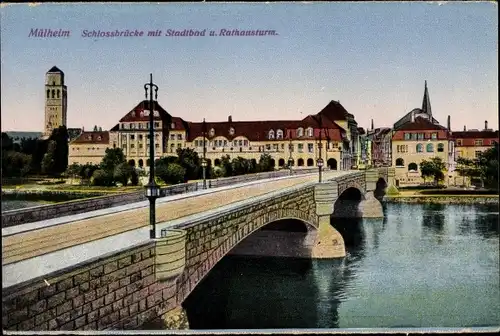 Ak Mülheim an der Ruhr, Schlossbrücke mit Stadtbad und Rathausturm