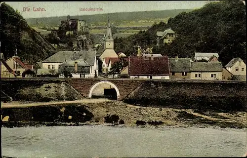 Ak Balduinstein Rhein Lahn Kreis, Teilansicht mit Brücke, Kirche, Burg