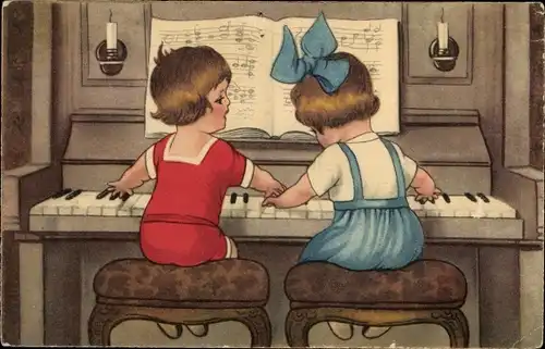 Künstler Ak Junge und Mädchen spielen zusammen Klavier