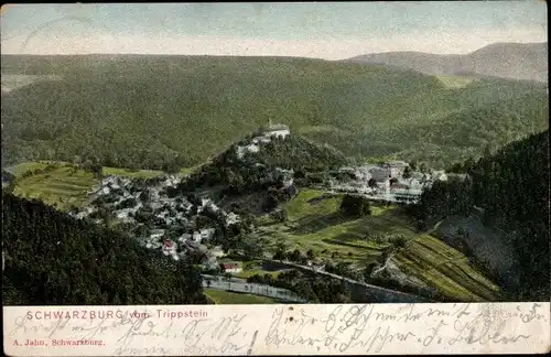 Ak Schwarzburg in Thüringen, Blick vom Trippstein auf den Ort