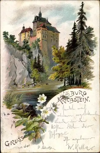 Litho Waldheim in Sachsen, Gruß von der Burg Kriebstein