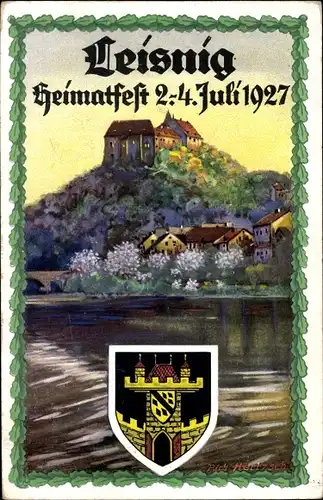 Künstler Ak R. Hertzsch, Leisnig in Sachsen, Heimatspiele 2.-4.Juli 1927, offizielle Festkarte Nr. 1