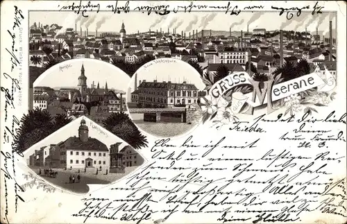 Vorläufer Litho Meerane in Sachsen, Blick auf den Ort, Webschule, Kirche, Rathaus, 1894