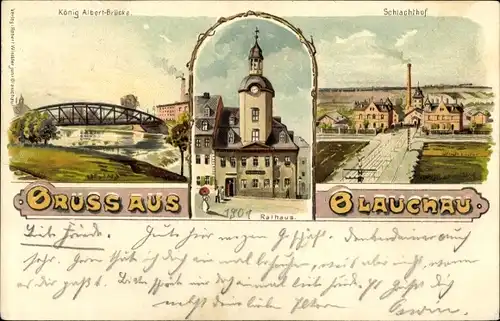 Litho Glauchau an der Zwickauer Mulde in Sachsen, König Albert Brücke, Rathaus, Schlachthof