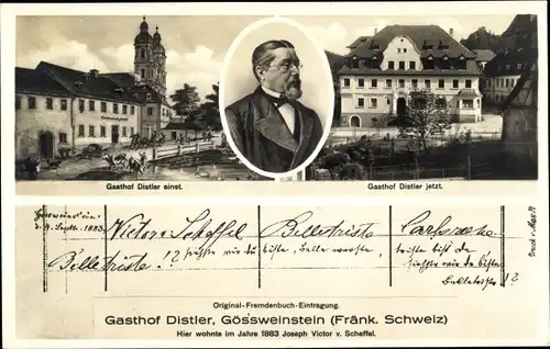 Ak Gößweinstein in Franken, Gasthof Distler, Joseph Scheffel, Portrait, Fremdenbucheintrag