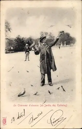 Ak Paris I Louvre, Jardin des Tuileries, Le Charmeur d'Oiseaux, Le Banquet des Pigeons