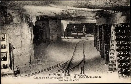 Ak Montrichard Loir et Cher, Caves de Champagnisation J.- M. Monmousseau, dans les Galeries