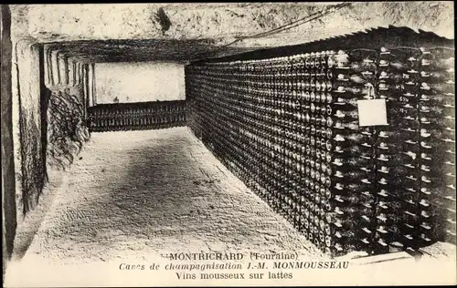 Ak Montrichard Loir et Cher, Caves de Champagnisation J.- M. Monmousseau, Vins mousseux sur lattes