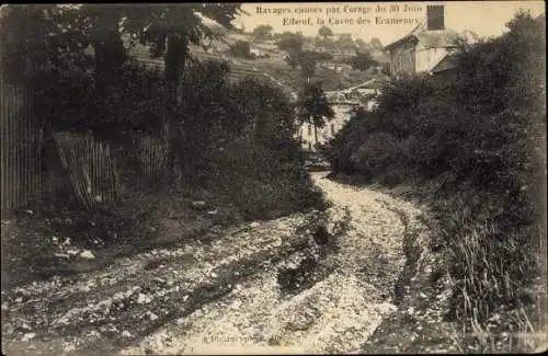 Ak Elbeuf Seine Maritime, la Cavée de ecameaux, ravages causés par l'orage 30 Juin 1908