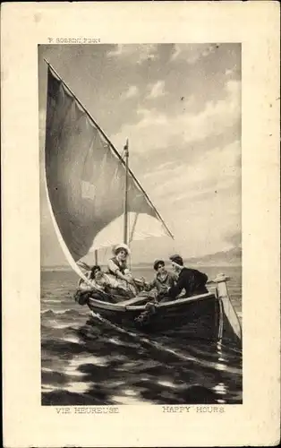 Künstler Ak Gobrini, P., Happy Hours, Mann und Frauen in einem Segelboot