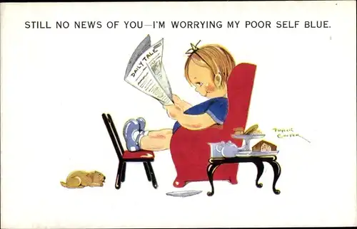 Künstler Ak Cooper, Phyllis, Still no news of you, Mädchen liest Zeitung