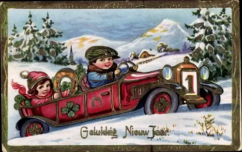 Präge Litho Glückwunsch Neujahr, Junge und Mädchen in einem Auto, Hufeisen, Kleeblätter