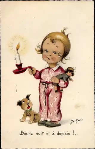 Künstler Ak Jo Zette, Bonne nuit et a demain, Mädchen im Schlafanzug mit Puppe