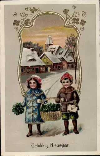 Präge Litho Glückwunsch Neujahr, Junge und Mädchen mit Kleeblättern, Ortschaft