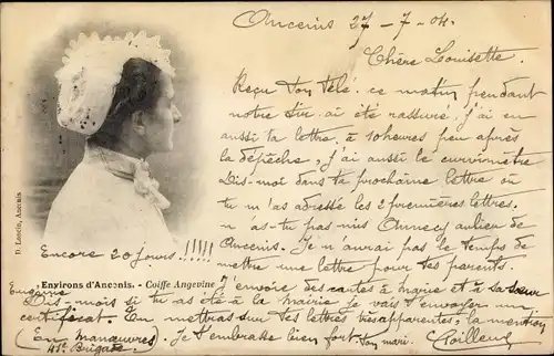 Ak Ancenis environs Loire Atlantique, Coiffe Angevine, Frau in bretonischer Tracht