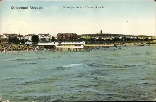 Ak Ostseebad Ahlbeck Heringsdorf auf Usedom, Strandpartie mit Bismarckwarte