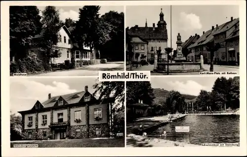 Ak Römhild in Thüringen, Waldhaus, Karl Marx Platz mit Rathaus, Schwimmbad, Museum