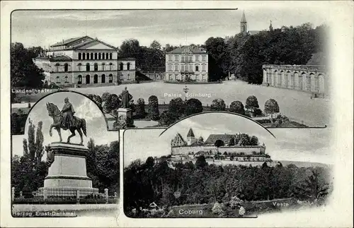 Ak Coburg in Oberfranken, Landestheater, Palais Edinburg, Herzog Ernst Denkmal, Veste