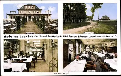 Ak Langenbernsdorf bei Werdau, Waldkurheim Besitzer E. Tröger, Veranda,Straßenansicht, Gastzimmer