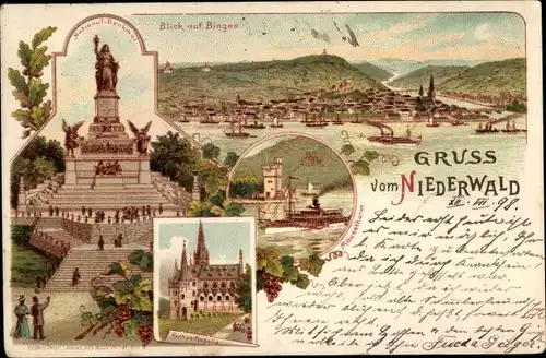 Litho Bingen am Rhein, Niederwalddenkmal, Rochuskapelle, Mäuseturm