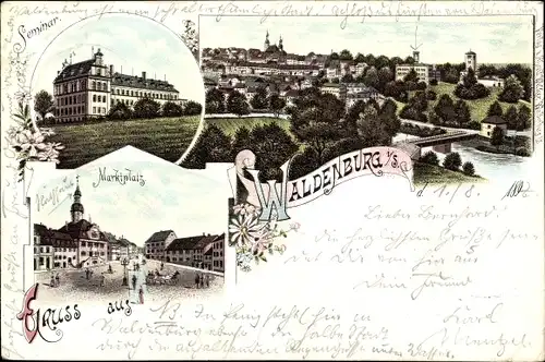 Litho Waldenburg in Sachsen, Seminar, Marktplatz, Blick auf den Ort
