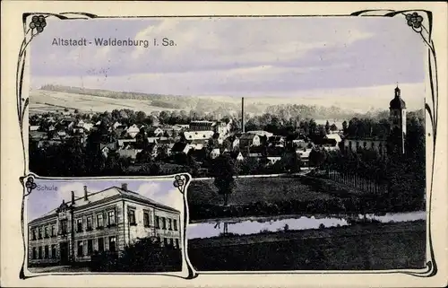 Ak Altstadt Waldenburg in Sachsen, Blick auf den Ort, Schule