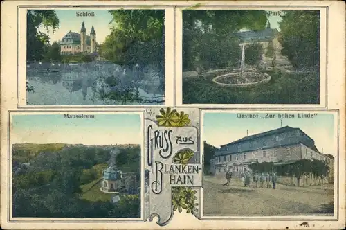 Ak Blankenhain Crimmitschau in Sachsen, Schloss, Gasthof Zur hohen Linde, Mausoleum, Park