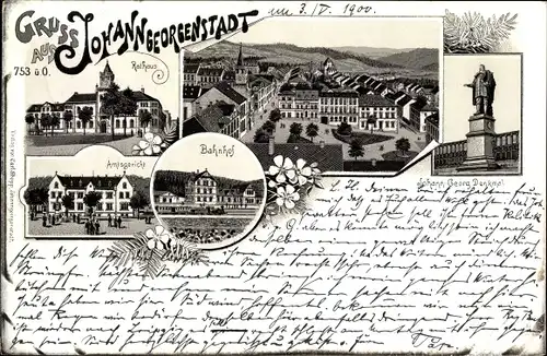 Litho Johanngeorgenstadt im Erzgebirge Sachsen, Rathaus, Bahnhof, Amtsgericht, Denkmal