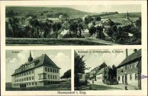 Ak Hormersdorf Zwönitz im Erzgebirge Sachsen, Schule, Kolonialwarenhandlung, Totale