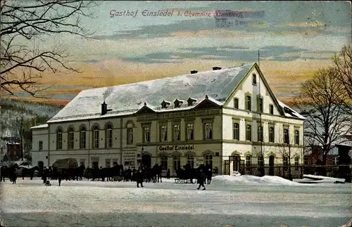 Ak Einsiedel Chemnitz in Sachsen, Gasthof Einsiedel im Winter, Pferdeschlitten