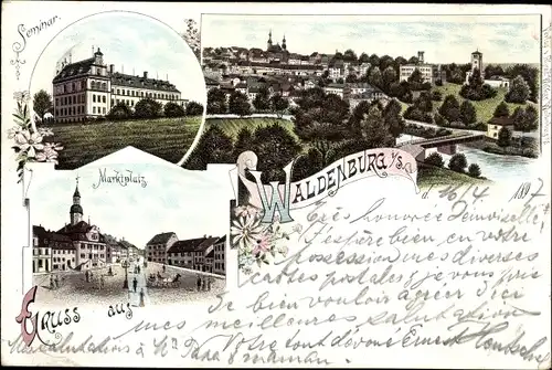 Litho Waldenburg in Sachsen, Marktplatz, Seminar, Totalansicht