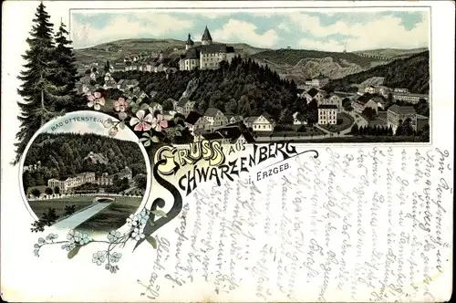 Litho Schwarzenberg im Erzgebirge Sachsen, Schloss, Kirche, Bad Ottenstein