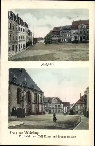 Ak Waldenburg in Sachsen, Kirchplatz, Cafe Kunze, Brauhausgasse, Marktplatz